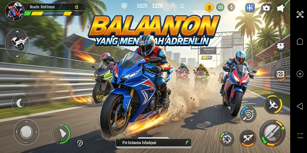 Tampilan gameplay 33ZK dengan motor balap yang cepat dan lintasan menantang.