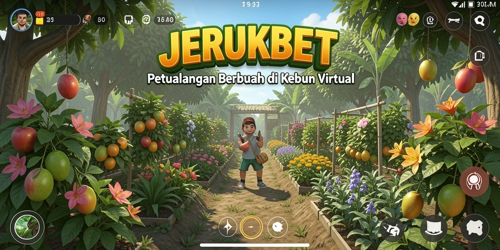 Tampilan gameplay seru dengan kebun buah jeruk yang indah.