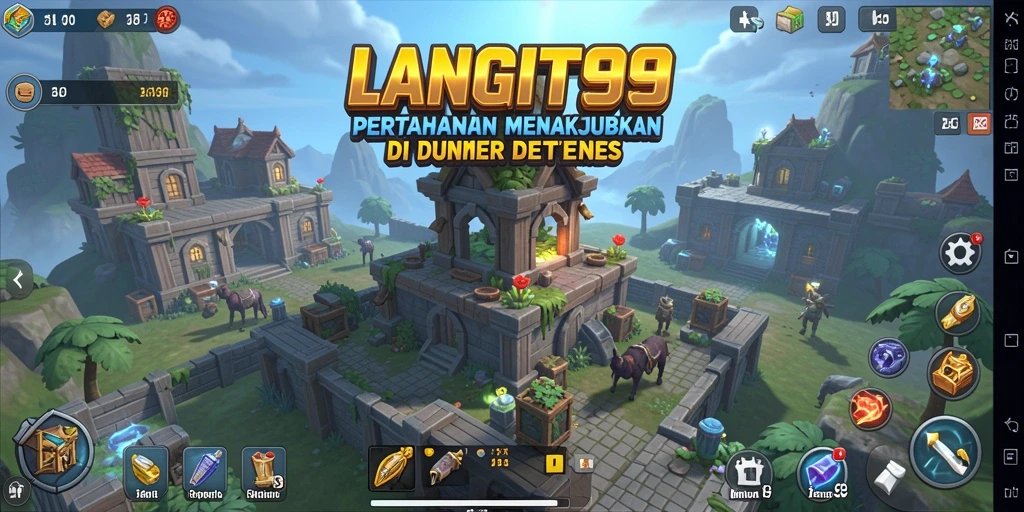 Screenshot LANGIT99 menampilkan menara bertahan melawan gelombang musuh.
