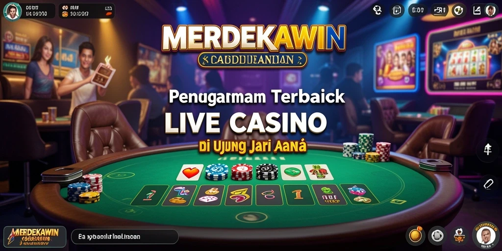 Screenshot gameplay <strong>MERDEKAWIN</strong> menampilkan dealer profesional dan suasana kasino yang hidup.