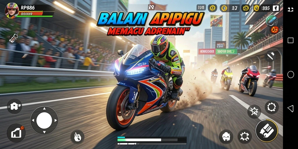 Tampilan menarik dari gameplay balapan motor yang mendebarkan.