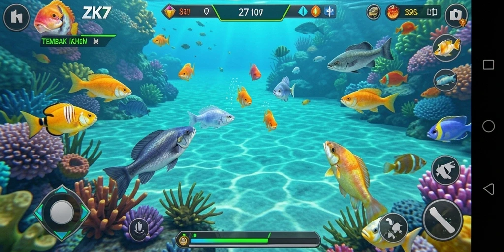 Gameplay seru ZK7 saat menembak ikan berwarna-warni.